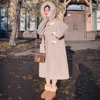 Heydress 2020 M. Žiemos Moterys Kietas Vilnoniai Paltai Moterų Gobtuvu Kišenės Storio Šiltas Outerwears Ladys Ragų Mygtuką Korėjos Streetwears - Nuotrauka 1  
