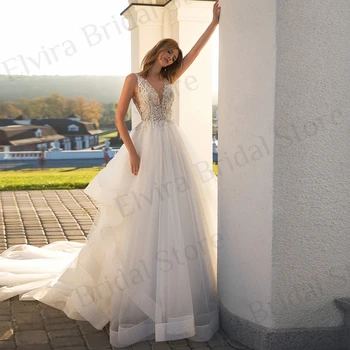 Classic-Line Vestuvių Suknelės Ponios 2023 daugiasluoksnės su Aplikacijos Blizgančiais Karoliukais Teismas Traukinio Bžūp Rankovėmis Backless V-Kaklo - Nuotrauka 1  