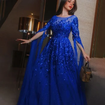 Wasisi Mėlyna arabų Žaliojo Rankovėmis Zawalcowany Prabanga Dubajus Vakaro Suknelės Chalatai Oficialią Chalatai 2024 Moterų Vestuves ELA70454 - Nuotrauka 1  
