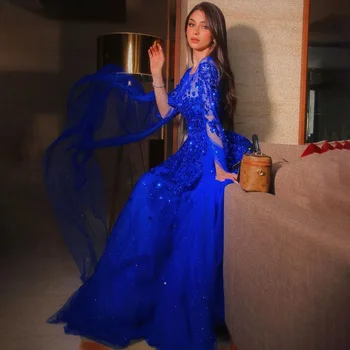 Wasisi Mėlyna arabų Žaliojo Rankovėmis Zawalcowany Prabanga Dubajus Vakaro Suknelės Chalatai Oficialią Chalatai 2024 Moterų Vestuves ELA70454 - Nuotrauka 2  