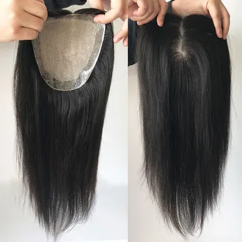 Odos Šilko Bazės Žmogaus Plaukų Topper Moteris su 4 Įrašai Plaukų Toupee Tiesiai Bauda Hairpiece 2CM PU Aplink Plaukų Topper - Nuotrauka 2  