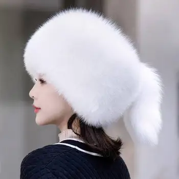 PONIA Minshu Ponios Žiemos Nekilnojamojo Lapės Kailio kepurė su Uodega rusijos Meškėnas Kailių Sidabro Baltos spalvos Lapės Kailio Kepurę Moterims - Nuotrauka 1  