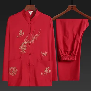 Tradicinis Kinų Hanfu Kung Fu Chi, Drabužiai Vyrams, Smėlio Tango Kostiumą Siuvinėti Dragon Mandarinų Apykaklės Atsitiktinis Komplektus Profanas - Nuotrauka 1  