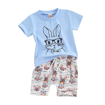 Bamblys Berniuko Velykų Apranga Cute Bunny trumpomis Rankovėmis T-Shirt Viršų ir Elastiniai Šortai Nustatyti Berniukų Vasaros Drabužių - Nuotrauka 2  
